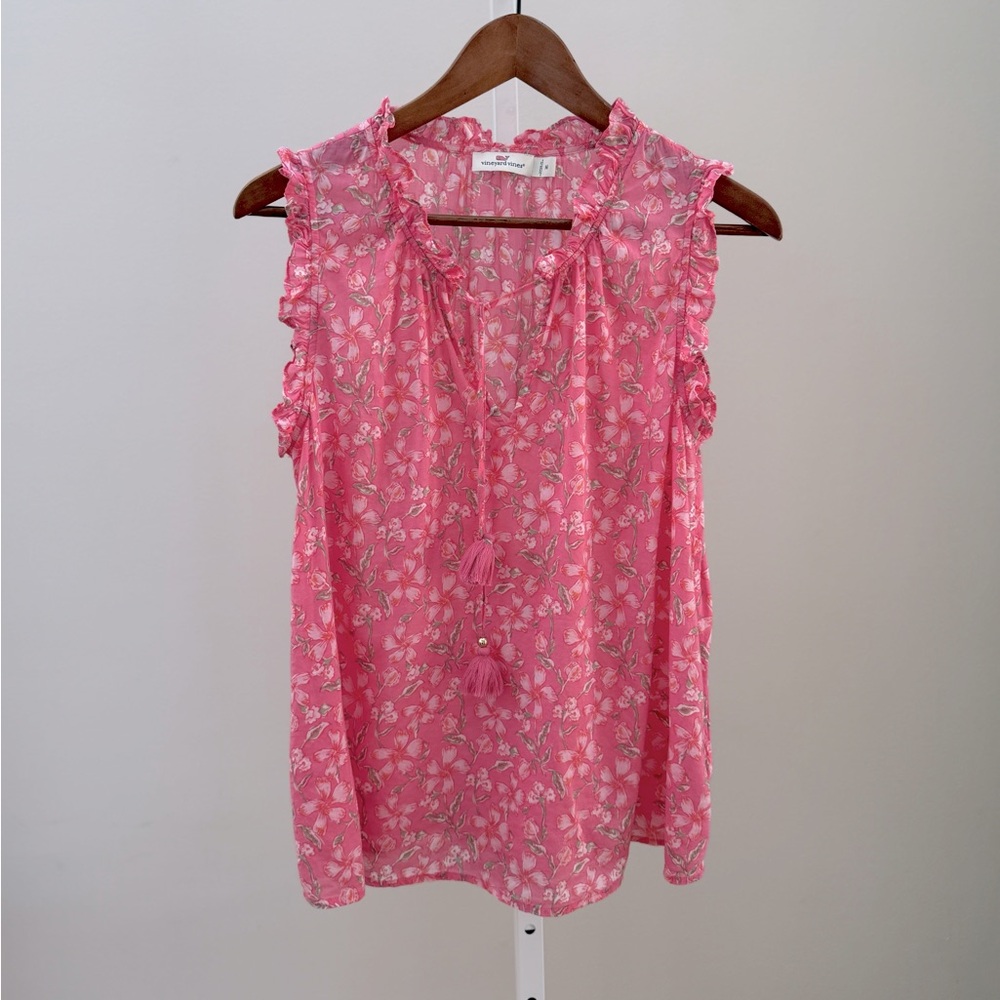 VINEYARD VINES Oleander Floral Ruffle Popover Pink Floral Sleeveless M